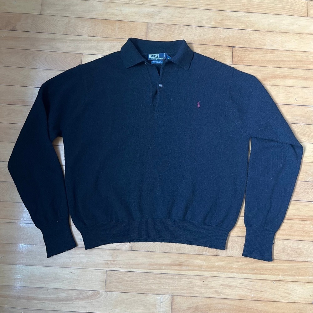 Polo Ralph Lauren Mens XL Black 100% Lambswool Long Sleeve Polo Sweater Red Pony